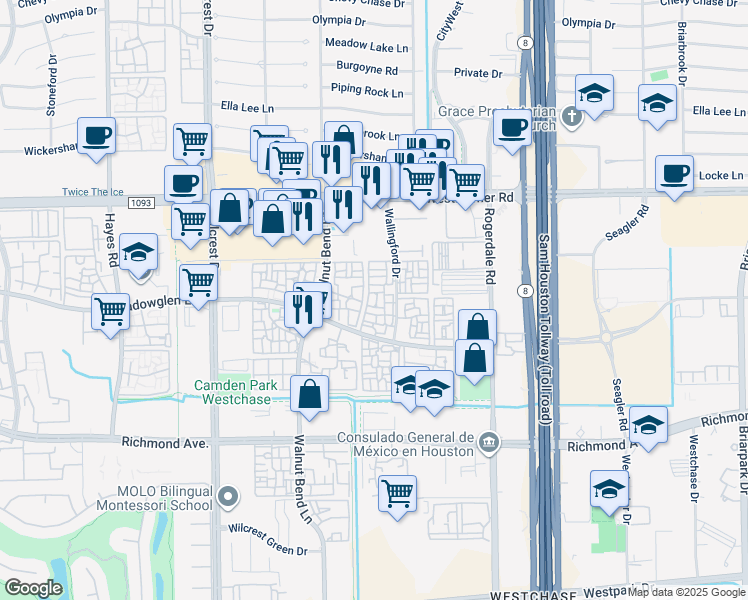 map of restaurants, bars, coffee shops, grocery stores, and more near 2850 Wallingford Drive in Houston