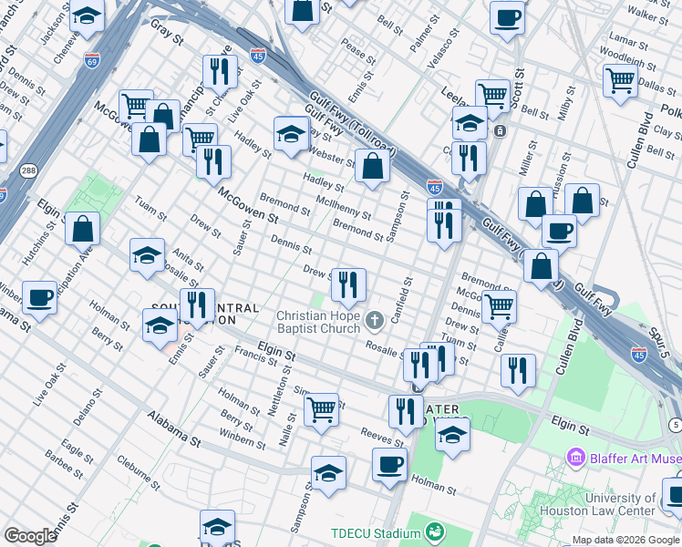 map of restaurants, bars, coffee shops, grocery stores, and more near 2713 Tierwester Street in Houston