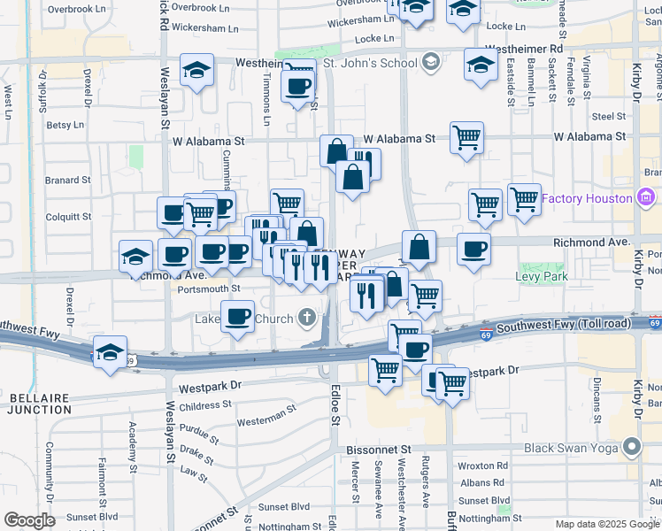 map of restaurants, bars, coffee shops, grocery stores, and more near in Houston