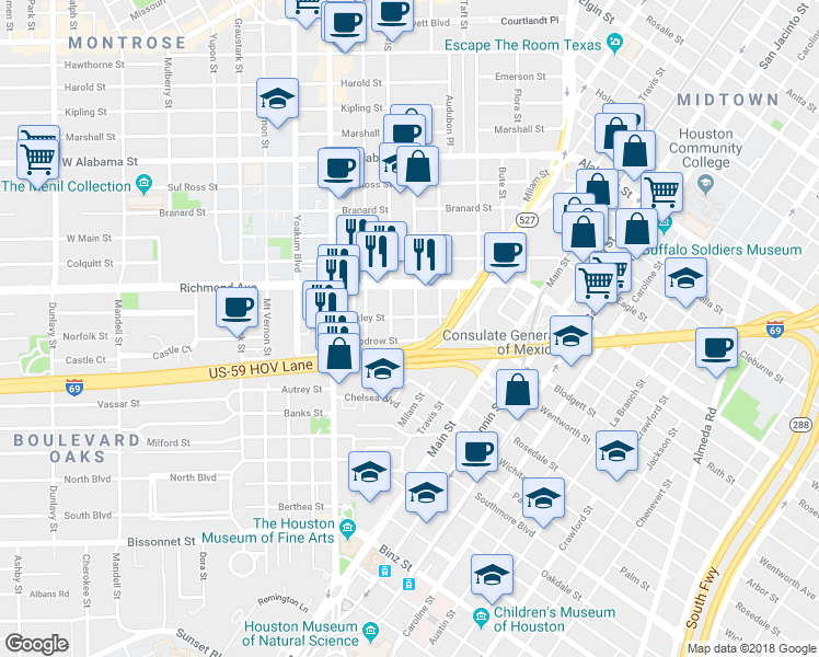 map of restaurants, bars, coffee shops, grocery stores, and more near 4406 Greeley Street in Houston