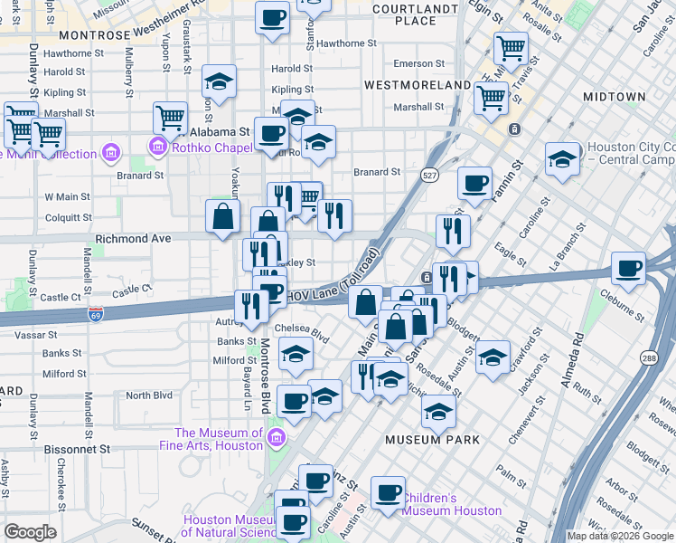 map of restaurants, bars, coffee shops, grocery stores, and more near 4406 Greeley Street in Houston