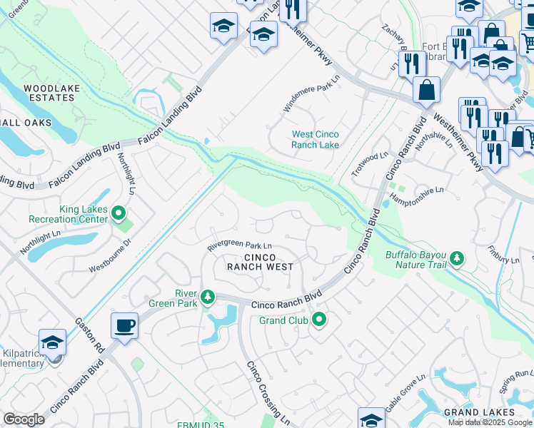 map of restaurants, bars, coffee shops, grocery stores, and more near 25206 Sutherland Springs Lane in Katy