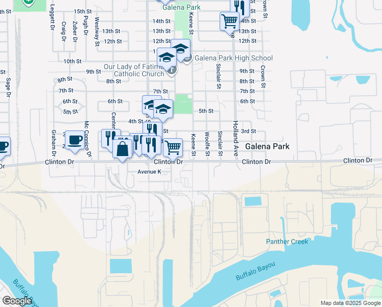 map of restaurants, bars, coffee shops, grocery stores, and more near 106 Keene Street in Galena Park