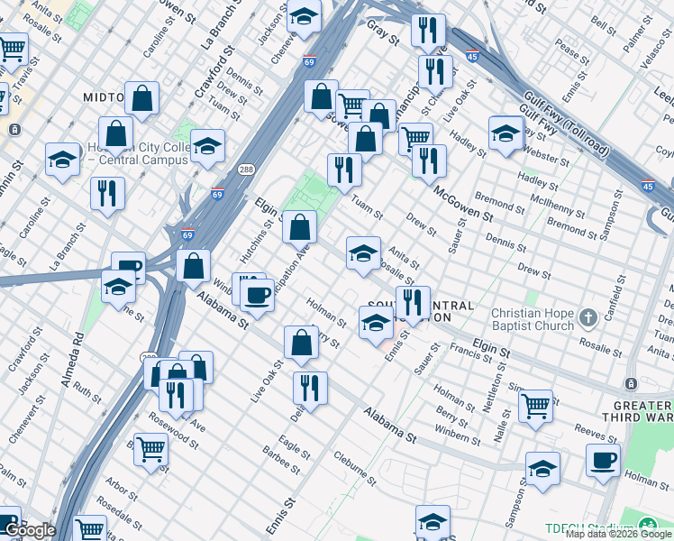 map of restaurants, bars, coffee shops, grocery stores, and more near 3216 Live Oak Street in Houston