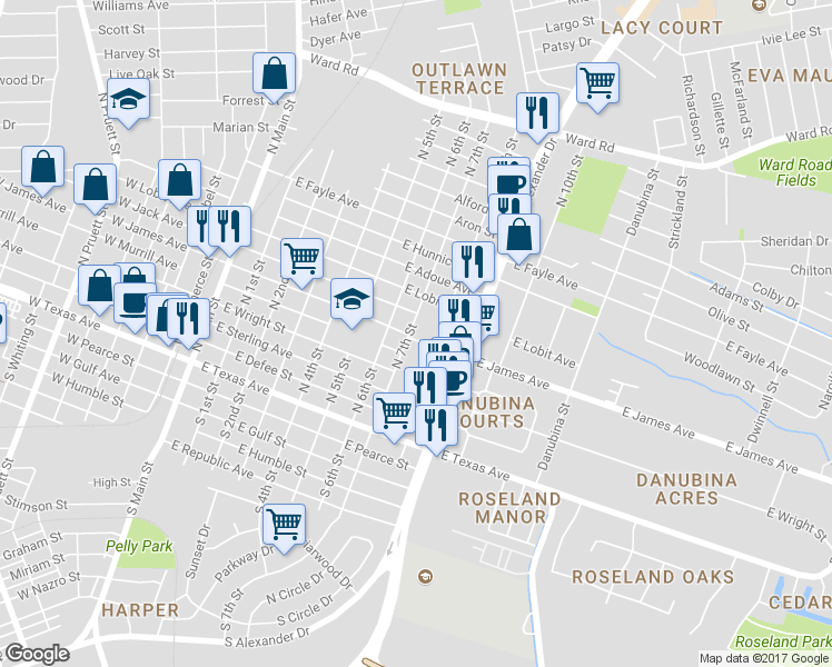 map of restaurants, bars, coffee shops, grocery stores, and more near 700 East James Street in Baytown