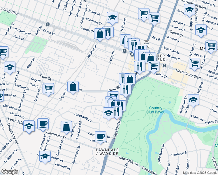 map of restaurants, bars, coffee shops, grocery stores, and more near 6633 Polk Street in Houston