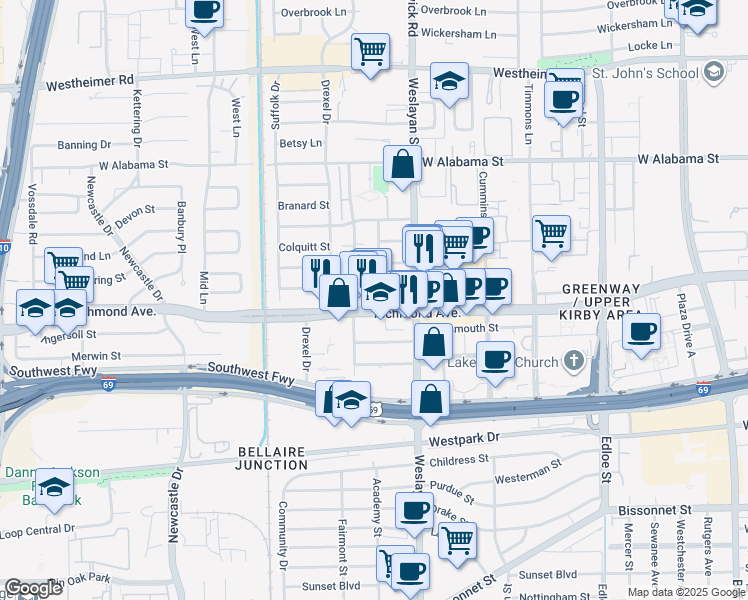 map of restaurants, bars, coffee shops, grocery stores, and more near 4102 Richmond Avenue in Houston