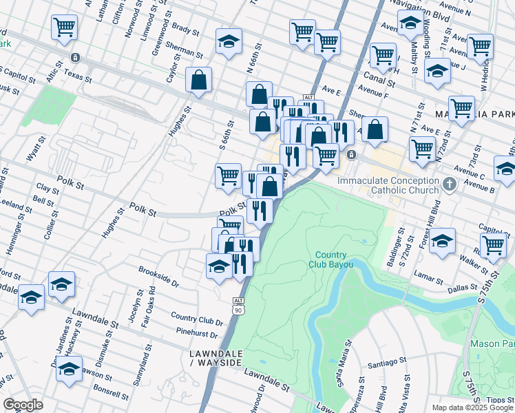 map of restaurants, bars, coffee shops, grocery stores, and more near 614 South Wayside Drive in Houston