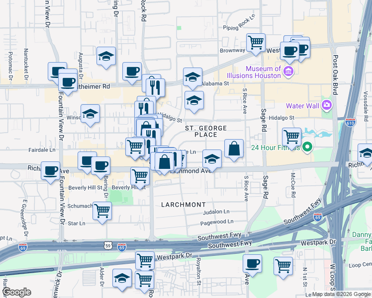 map of restaurants, bars, coffee shops, grocery stores, and more near 5434 Fairdale Lane in Houston