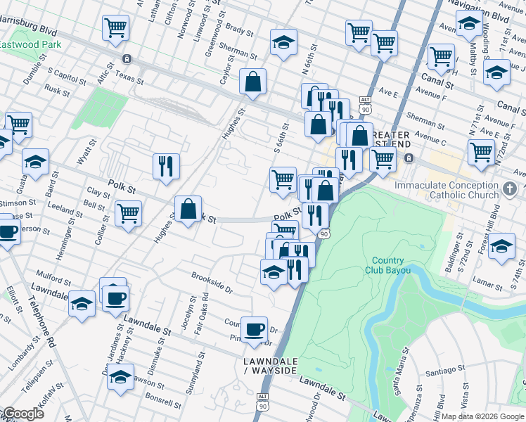 map of restaurants, bars, coffee shops, grocery stores, and more near 6633 Polk Street in Houston