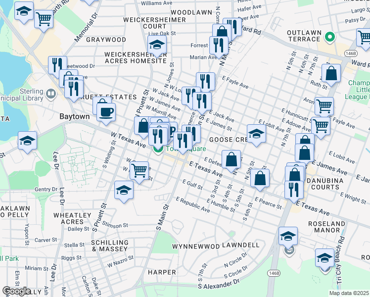 map of restaurants, bars, coffee shops, grocery stores, and more near 12 West Defee Street in Baytown