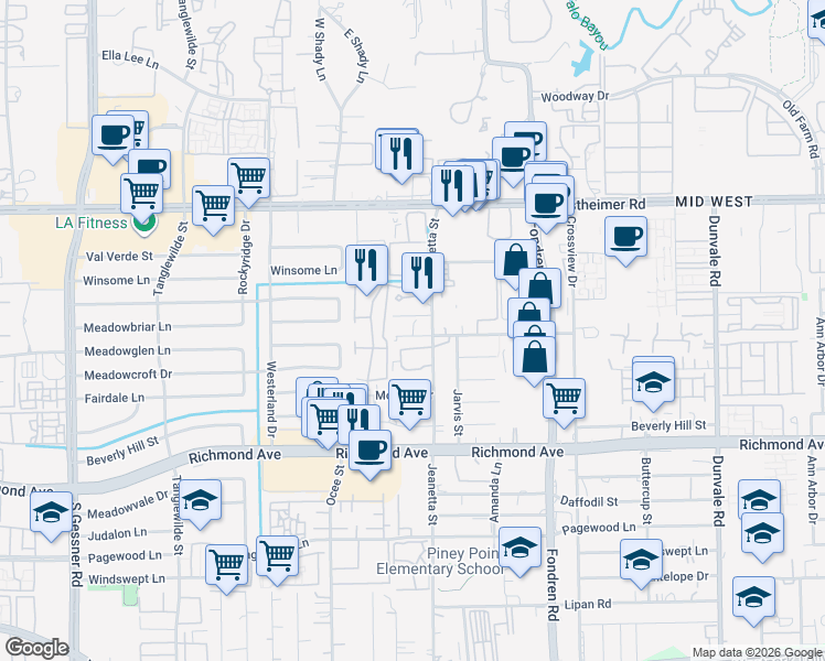 map of restaurants, bars, coffee shops, grocery stores, and more near 9214 Clarkcrest Street in Houston