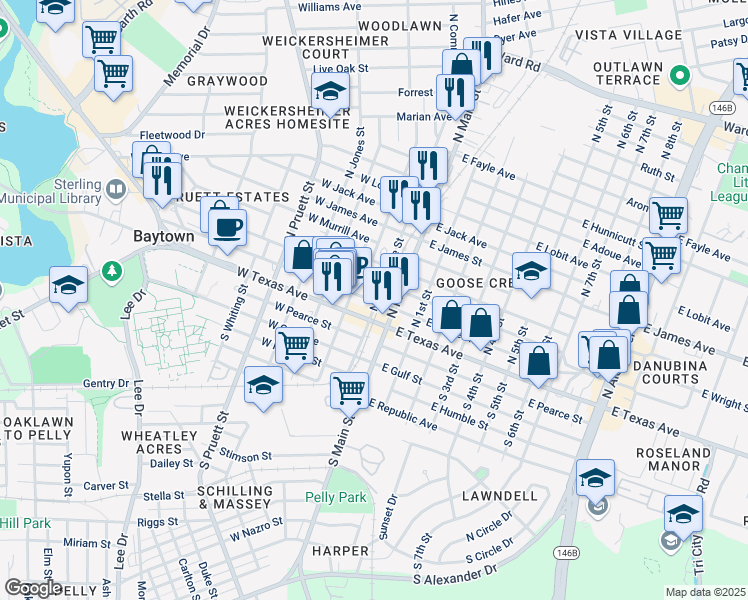 map of restaurants, bars, coffee shops, grocery stores, and more near 12 West Defee Street in Baytown