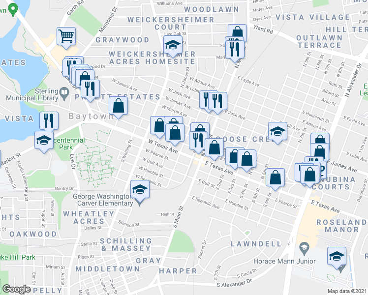 map of restaurants, bars, coffee shops, grocery stores, and more near 8 North Ashbel Street in Baytown