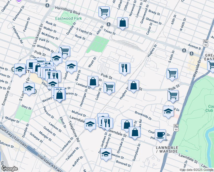 map of restaurants, bars, coffee shops, grocery stores, and more near 5327 Bell Street in Houston