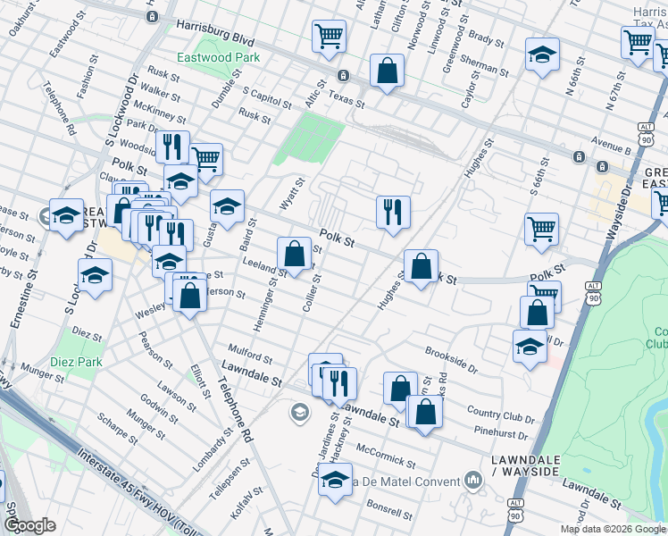 map of restaurants, bars, coffee shops, grocery stores, and more near 5327 Bell Street in Houston