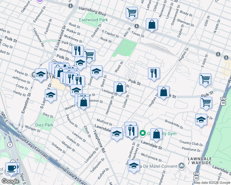 map of restaurants, bars, coffee shops, grocery stores, and more near 5146 Leeland Street in Houston
