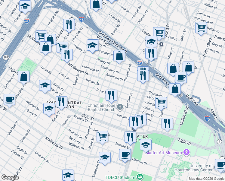 map of restaurants, bars, coffee shops, grocery stores, and more near 2713 Tierwester Street in Houston