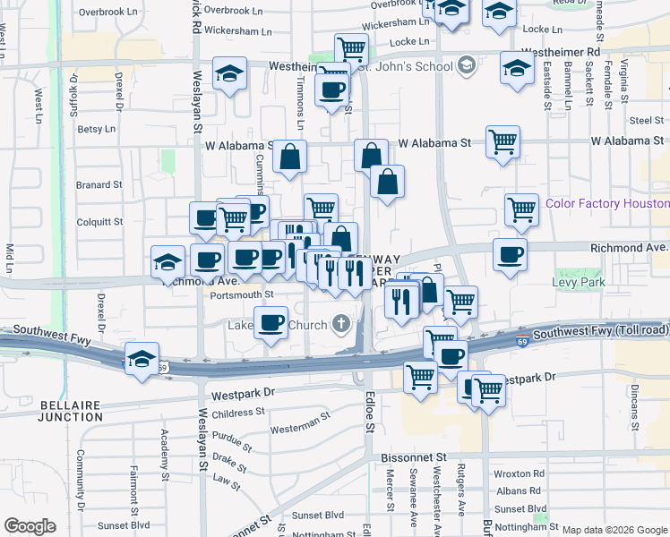 map of restaurants, bars, coffee shops, grocery stores, and more near in Houston
