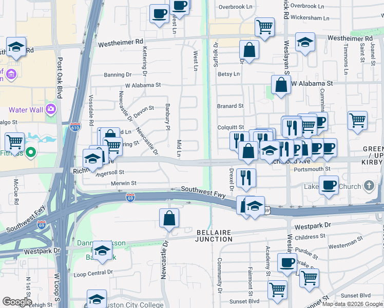 map of restaurants, bars, coffee shops, grocery stores, and more near 34 Bash Place in Houston