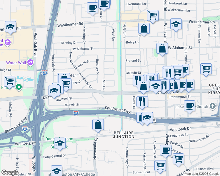 map of restaurants, bars, coffee shops, grocery stores, and more near 34 Bash Place in Houston