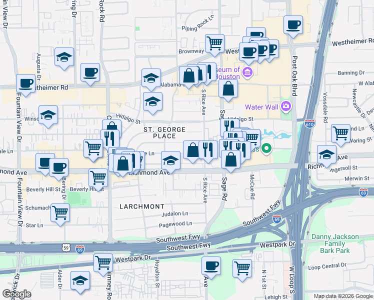 map of restaurants, bars, coffee shops, grocery stores, and more near 5346 Fairdale Lane in Houston