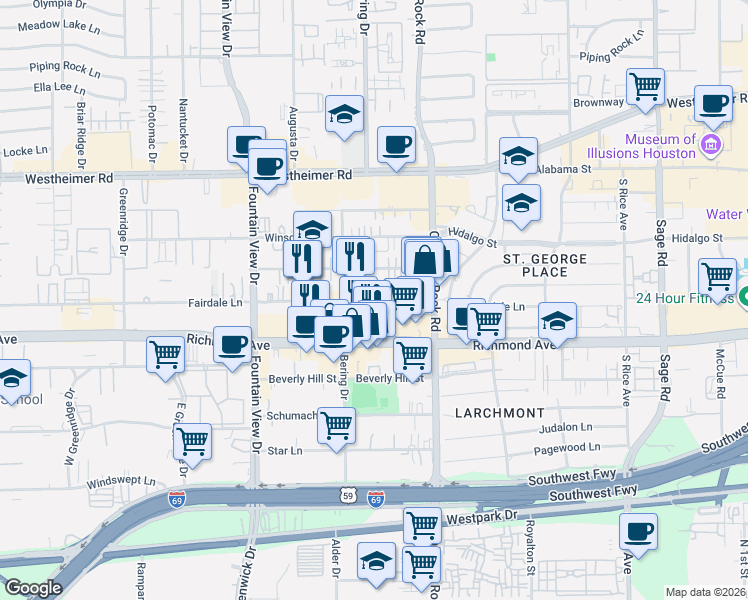 map of restaurants, bars, coffee shops, grocery stores, and more near 5709 Fairdale Lane in Houston