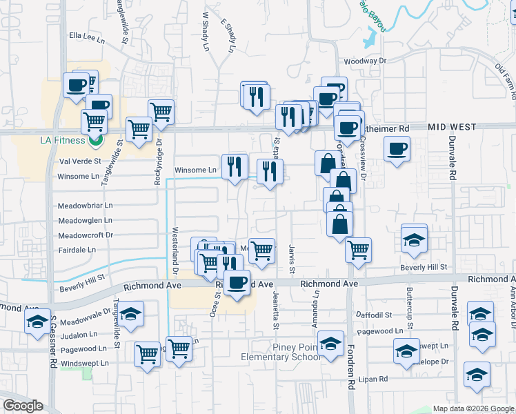 map of restaurants, bars, coffee shops, grocery stores, and more near 9214 Clarkcrest Street in Houston