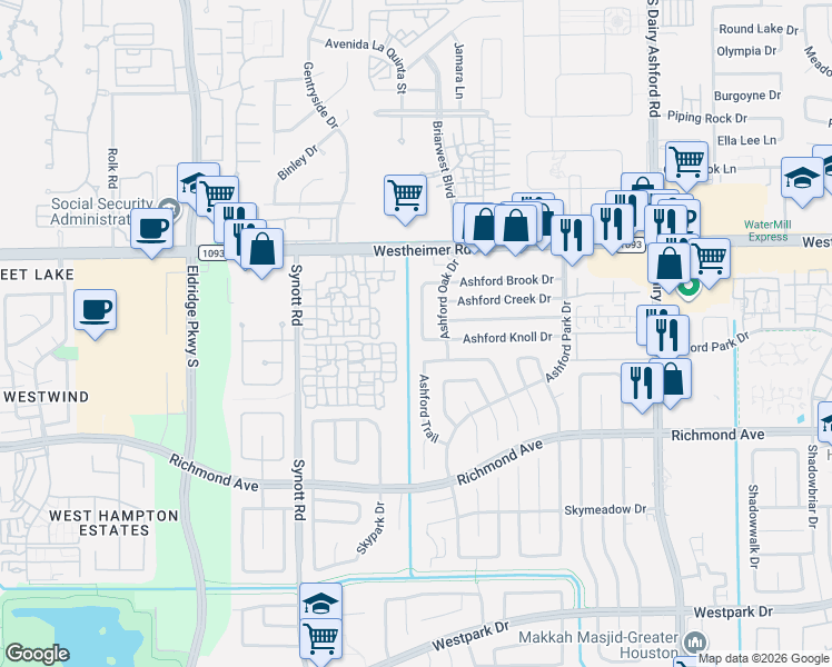 map of restaurants, bars, coffee shops, grocery stores, and more near 2819 Ashford Trail Drive in Houston