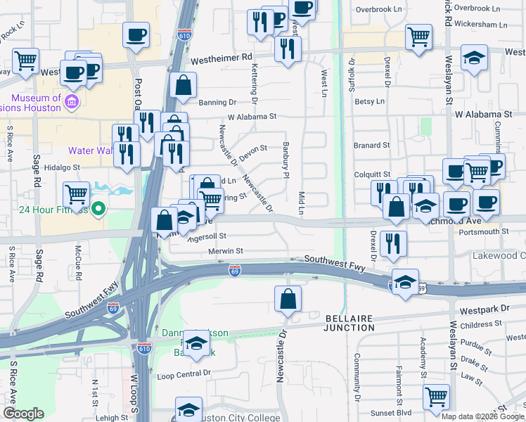 map of restaurants, bars, coffee shops, grocery stores, and more near 4606 Richmond Avenue in Houston