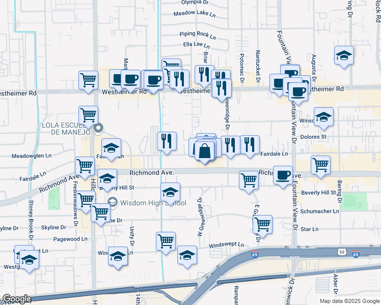 map of restaurants, bars, coffee shops, grocery stores, and more near 3023 West Park at Fairdale in Houston