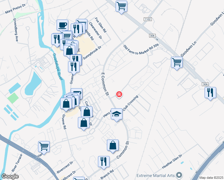 map of restaurants, bars, coffee shops, grocery stores, and more near 2294 Common Street in New Braunfels