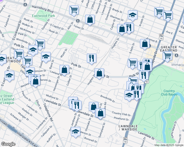 map of restaurants, bars, coffee shops, grocery stores, and more near 5437 Clay Street in Houston