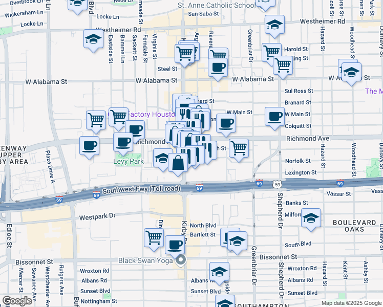 map of restaurants, bars, coffee shops, grocery stores, and more near 3701 Kirby Drive in Houston