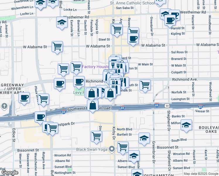 map of restaurants, bars, coffee shops, grocery stores, and more near 3730 Kirby Drive in Houston