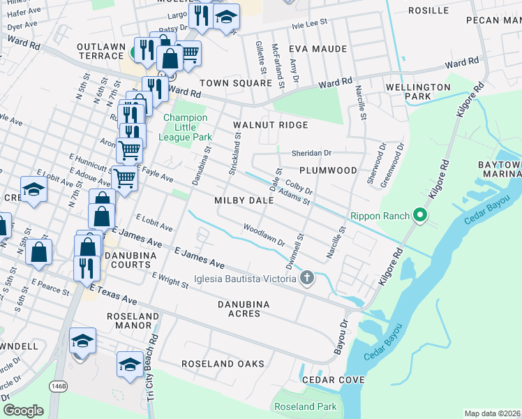 map of restaurants, bars, coffee shops, grocery stores, and more near 1702 East Fayle Street in Baytown