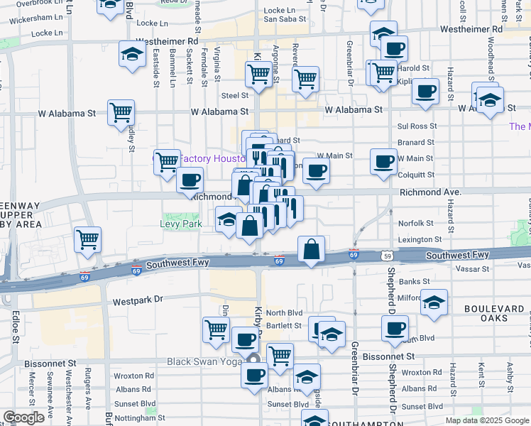 map of restaurants, bars, coffee shops, grocery stores, and more near in Houston
