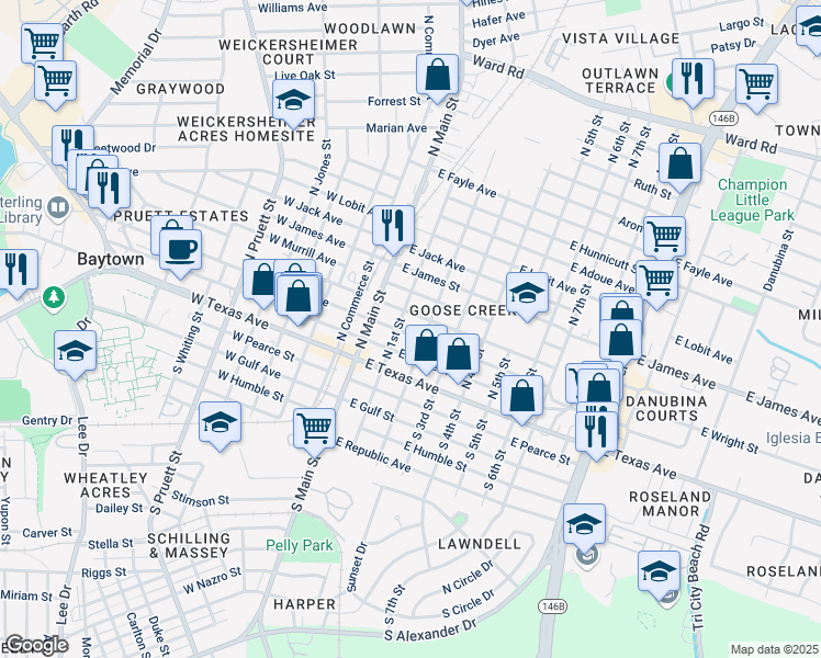 map of restaurants, bars, coffee shops, grocery stores, and more near 200 North 2nd Street in Baytown