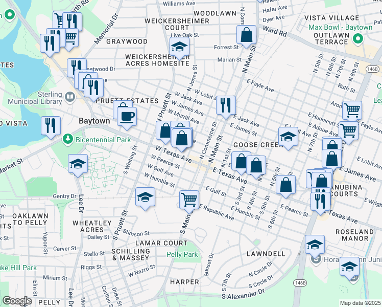 map of restaurants, bars, coffee shops, grocery stores, and more near 8 North Ashbel Street in Baytown
