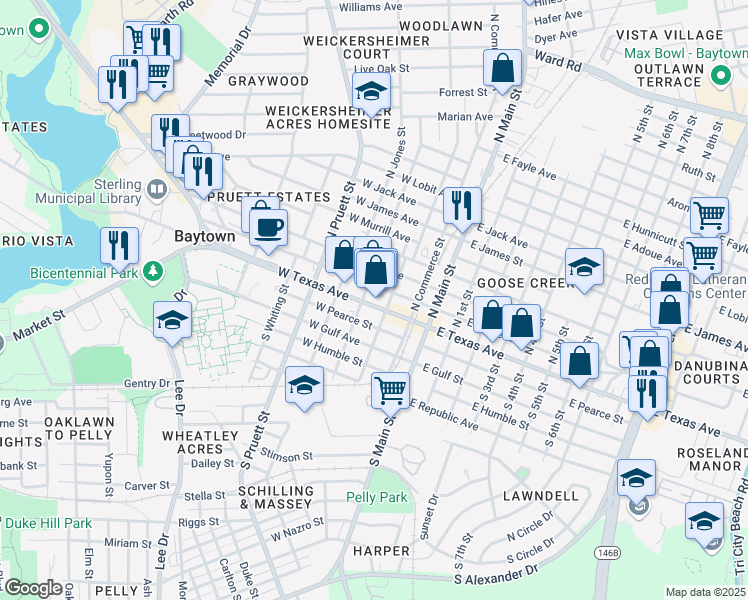 map of restaurants, bars, coffee shops, grocery stores, and more near 8 North Ashbel Street in Baytown