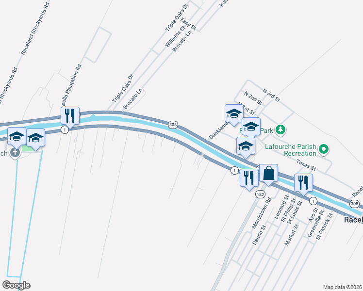 map of restaurants, bars, coffee shops, grocery stores, and more near 3662 Louisiana 1 in Raceland