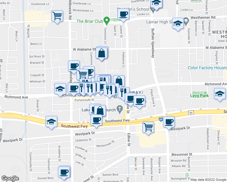 map of restaurants, bars, coffee shops, grocery stores, and more near 12 Greenway Plaza in Houston