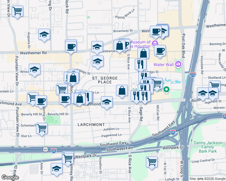 map of restaurants, bars, coffee shops, grocery stores, and more near 5346 Fairdale Lane in Houston