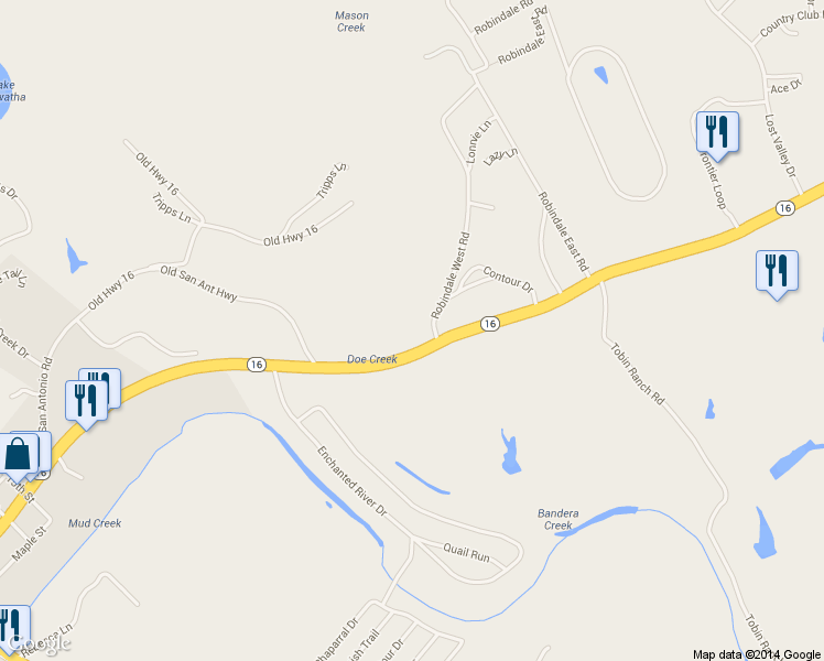 map of restaurants, bars, coffee shops, grocery stores, and more near 141 Robindale West Road in Bandera