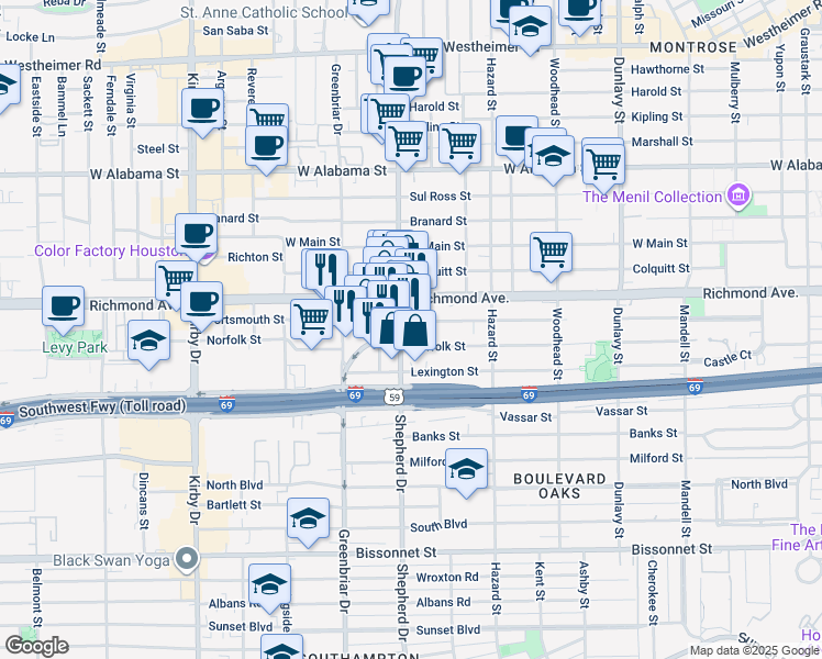 map of restaurants, bars, coffee shops, grocery stores, and more near 3701 South Shepherd Drive in Houston