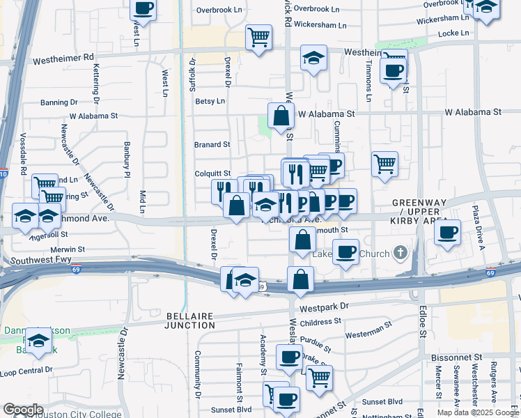 map of restaurants, bars, coffee shops, grocery stores, and more near 4102 Richmond Avenue in Houston