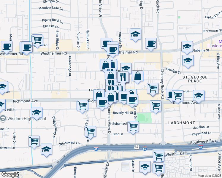 map of restaurants, bars, coffee shops, grocery stores, and more near 5930 Fairdale Lane in Houston