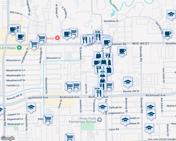 map of restaurants, bars, coffee shops, grocery stores, and more near 3024 Jarvis Street in Houston