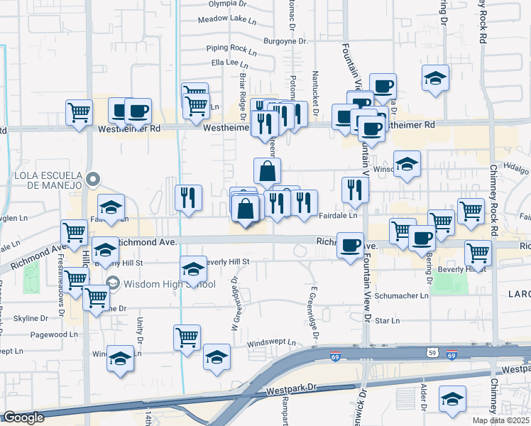 map of restaurants, bars, coffee shops, grocery stores, and more near 110 Fairdale Lane in Houston