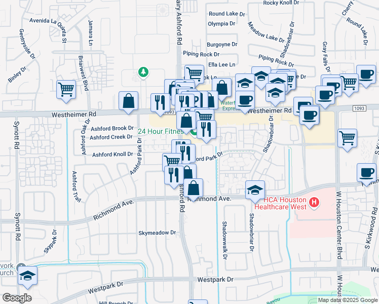map of restaurants, bars, coffee shops, grocery stores, and more near 12510 Oxford Park Drive in Houston